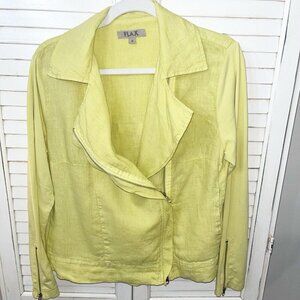 FLAX Linen Moto Zipper City Jacket Lagenlook Citron Green Lightweight Small